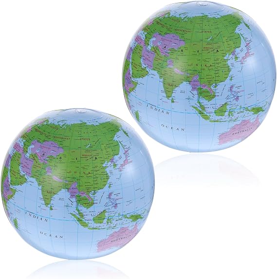 16 Inch Inflatable Globe, 2 Pack Inflatable Beach Ball PVC Material Blow up World Globe Earth Beach Ball for Playing or Teaching Summer Pool Party Bags (Blue)
