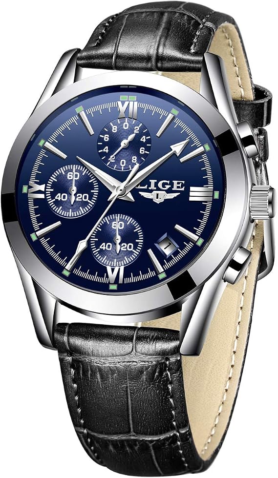 LIGE Watches Mens Fashion Leather Luxury Wrist Watch Sports Analog Quartz Leather Strap Watch Gents Business Dress Chronograph Waterproof Watch Multifunction Classic Watch Black Blue