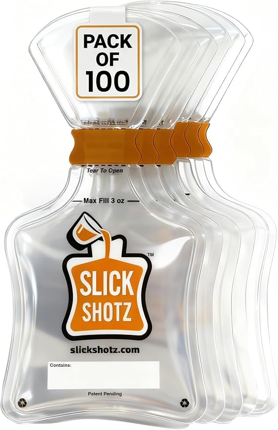 Slick Shotz 100 Pcs Heat Sealed Plastic Flask for Liquor 3oz BPA-Free, Leak Proof and Reusable Drink Pouches for Alcohol Ideal for Cruises, Concerts, Flights, Events and Travel