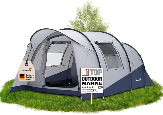 Skandika Tunnel Tent Isken 3-5 Camping Tent for 3-5 People Window with Mosquito Net Sewn-in Base Black Sleeping Cabin Waterproof 3000 mm Hydrostatic Head Canopy Tent Camping Festival