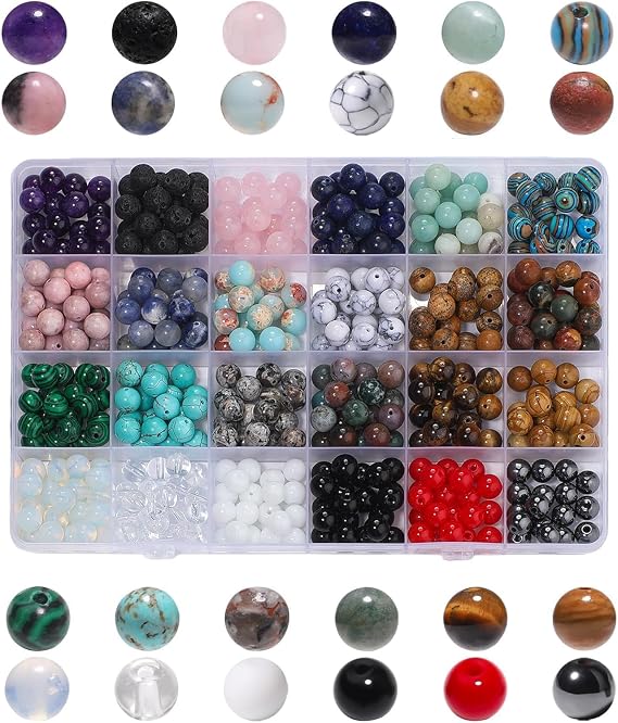 480pcs 8mm Natural Round Stone Beads Gemstone Crystal Loose Beads Smooth Bead for Bracelet Necklace Earring Jewelry Making Kit
