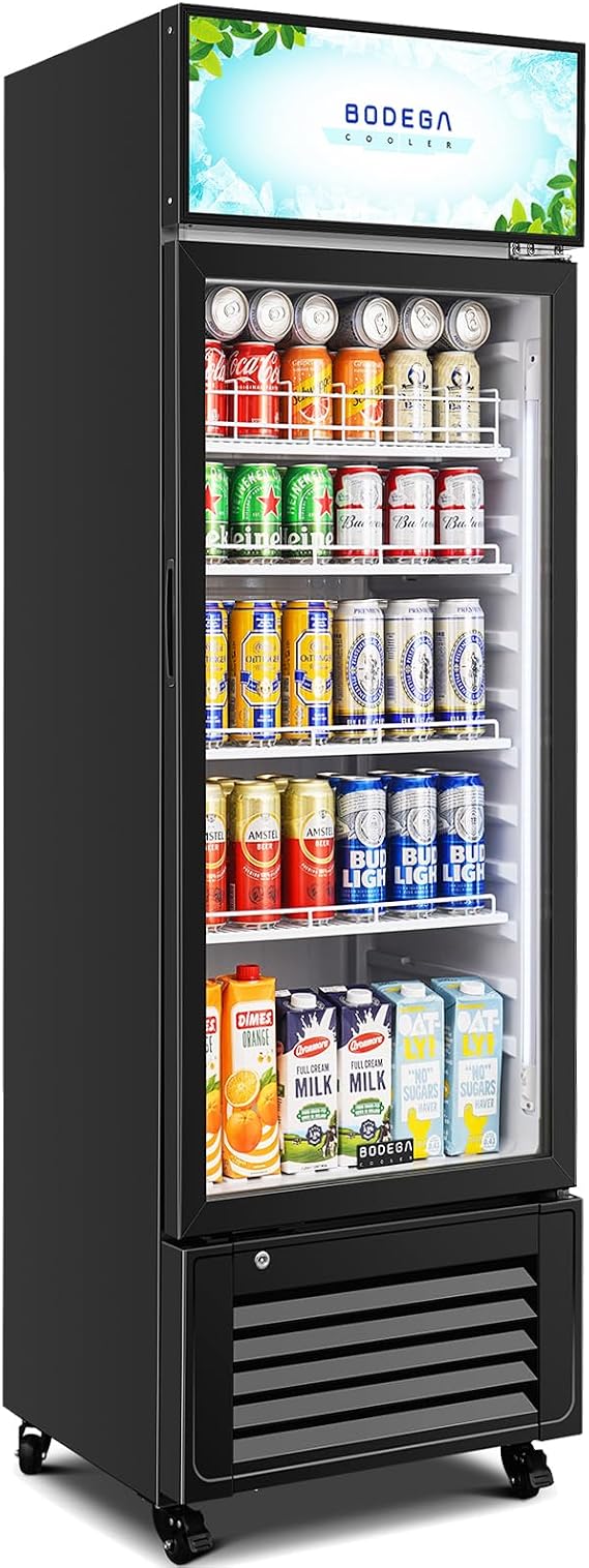 BODEGACOOLER Commercial Merchandiser Refrigerator,10 Cu.Ft Commercial Beverage Cooler with Single Glass Door,Upright Door Display Refrigerator Drink Commercial Bar Cooler with 4 Adjustable Shelves