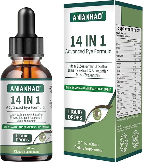 Eye Health Supplement with Lutein, 14 in 1 Advanced Eye Formula Drops - with Lutein, Zeaxanthin,Vision & Focus Support for Vision & Ocular Health Focus Support, 60ml