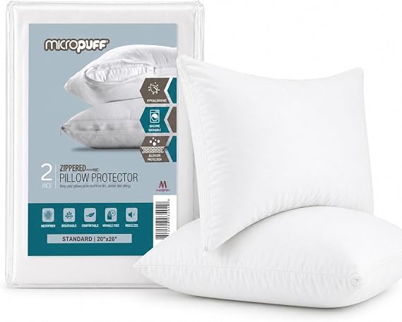 Micropuff Pillow Protectors with Zipper Standard Size, Set of 2, White