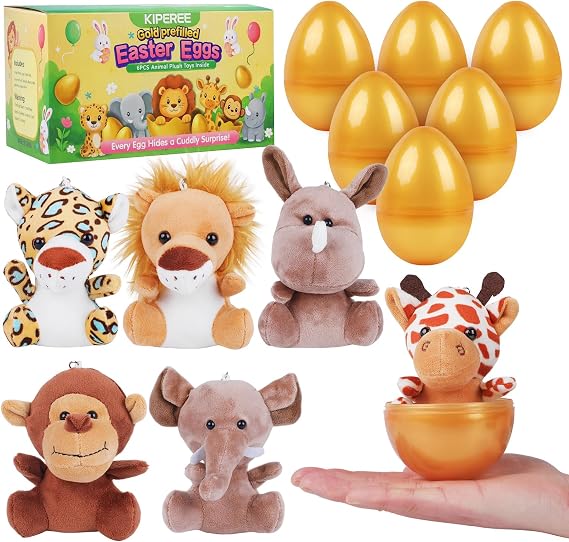 6 Pcs Golden Easter Eggs Prefilled with Animal Plush Toys, Cute Easter Basket Fillers & Egg Hunt Surprise Gift for Kids