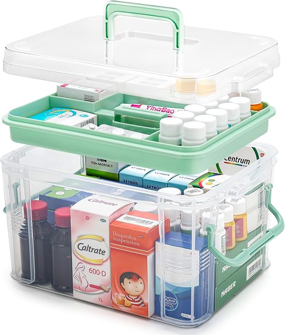 15QT Clear Medicine Organizer Storage Box with Handle & Tray - Thickened Plastic Empty First Aid Box, Multipurpose Medical Container with LidsLabels, Medication Caddy for Home, Baby, Elderly, Dorm