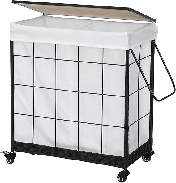 110L Laundry Hamper with Wood Lid, Rolling Laundry Basket with Liner Bag | Dual Laundry Compartments; Lockable Wheels; Reinforced Steel Frame; Durable Metal Handle; Easy Assembly