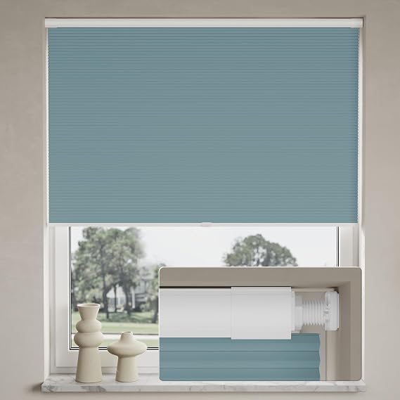 No Drill Blackout Shades Tension Cordless Cellular Blinds for Indoor Windows No Drilling No Tools Window Blinds & Shades Pull Down Room Darkening for Kitchen Bedroom Home, Blue-Custom -Size