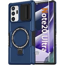 Samsung Galaxy Note 20 Ultra用磁気ケース リングスタンド付き MagSafeワイヤレス充電対応 スクリーンプロテクター ミリタリーグレード 高耐久 耐衝撃ケース スライドカメラカバー付き、ブルー