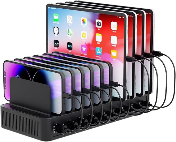 60W Charging Station for Multiple Devices, 10-Port USB Fast Charger | Mutil Device Organizer Charging Dock with Adjustable Dividers for iPhone, Android, iPad, Tablets & More