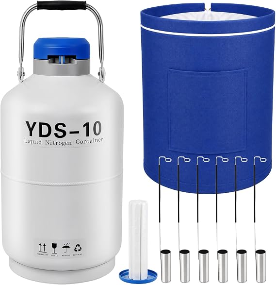 10L Liquid Nitrogen Container,Ln2 Liquid Nitrogen Dewar,Aluminum Alloy Liquid Nitrogen Tank with 6 Canisters,7-Layer Insulation,Extended Storage,Suitable for Farms,Beauty Salons,Research Institutions