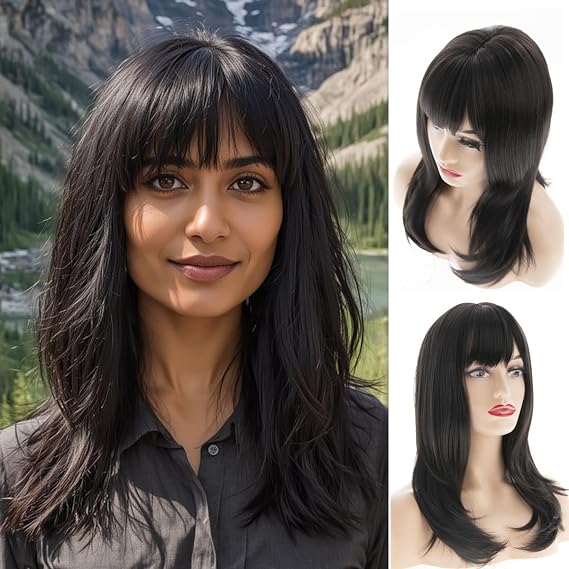 Long Straight Black Wig with Bangs Synthetic Natural Black Soft Hair Wigs for Women Daily Party Use,20inches