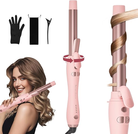 Extra-Long Barrel Rotating Curling Iron with Short Clamp, Automatic Curling Iron 1 Inch Creates Loose Curls for Medium and Long Hair, High Heat 410F, Instant Heat up, Double Ceramic, Dual Voltage