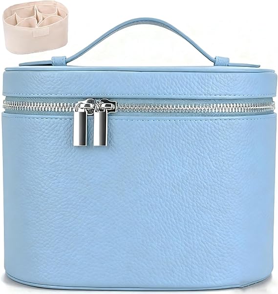 Leather Make Up Bags with Compartments, Brown Travel Cosmetic Bags for Women, Parallel Makeup Travel Bags Organizer Equipped with a Detachable Divider, Blue, Leather Make Up Bags