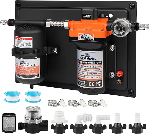RV Water Pump 6 GPM 70 PSI 12V DC with 0.2 Gallon 125PSI Pre-Pressurized Accumulator Tank, Quiet RV Water Pump and Accumulator Tank for Stable Water Supply System, for RV Camping, Yacht, Boat