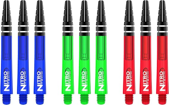 RED DRAGON Nitrotech Medium Dart Shafts - Flight Locking System for Secure Setup & Compact Control - Transparent Polymer, 42mm, 9 shafts (3 Sets), Blue, Green, Red