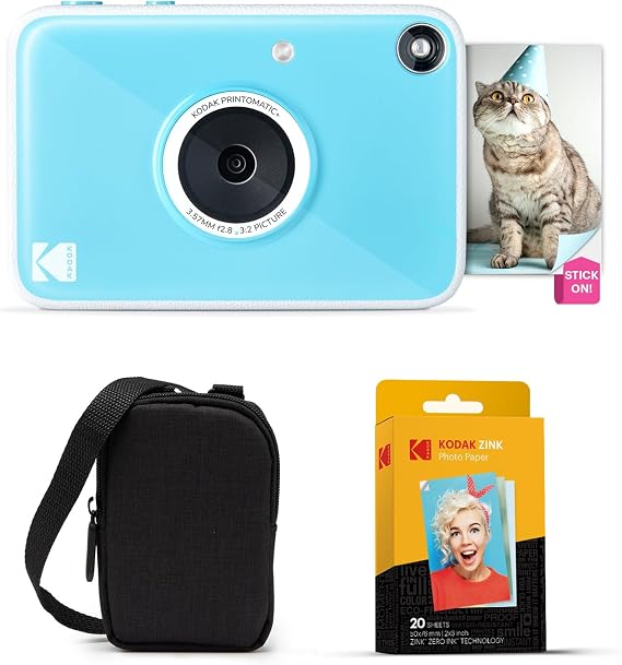 Kodak Printomatic+ Instant Print Digital Camera Starter Bundle + Carrying Case + Zink 20 Pack Self-Adhesive Photo Paper - 10MP, Full Color Photos, GB LED Status Indicator - Blue