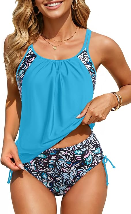 Yonique Tankini Swimsuits for Women Blouson Swim Tops with Bikini Bottoms Athletic Two Piece Bathing Suits Double Up Swimwear
