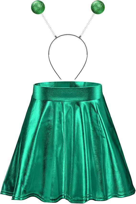 Sintege Halloween Alien Headband and Metallic Flared Pleated Skater Skirt for Costumes Supplies