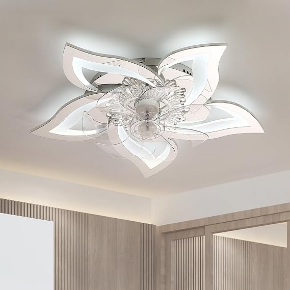 Smart Ceiling Fans with Lights and Remote, Flower Silent LED Fan Light Dimmable 6-Speed Reversible Bedroom DC for Kitchen, Living Room-White (White)
