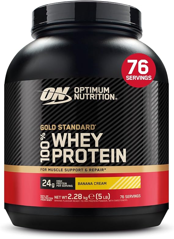 Optimum Nutrition Gold Standard 100% Whey Protein Powder, 2.28 kg | Banana Cream,76 Servings,24g Protein, BCAA, Low Sugar, Fast-Digesting Isolate,