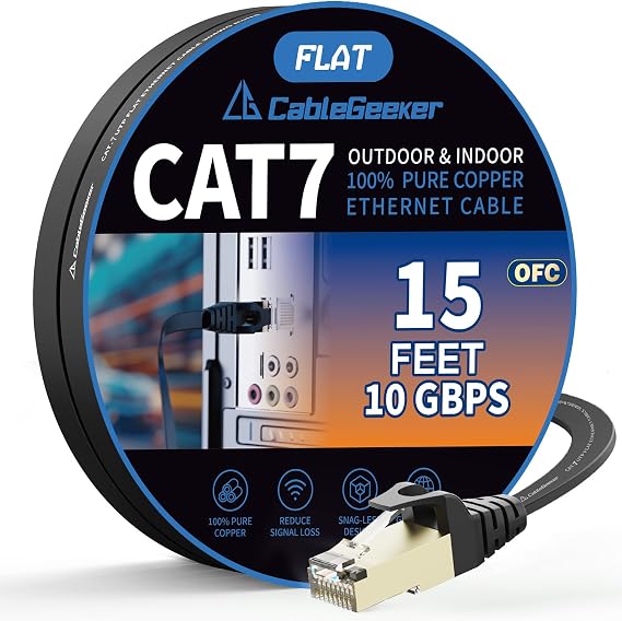 CableGeeker Cat7 Ethernet Cable 15ft (30 AWG High Speed Cable) Flat Cat7 Shielded Ethernet Cable Support Cat5/Cat6 Network,600Mhz,10Gbps - Black Computer Cord for Router Xbox Modem