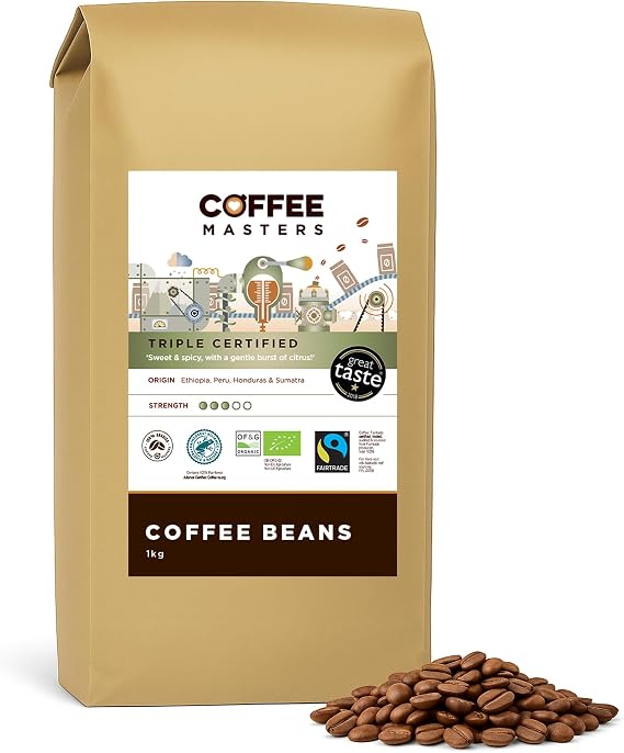 Coffee Masters Triple Certified Arabica Coffee Beans 1kg - Fairtrade, Organic, Medium Roast Whole Bean Ideal for Espresso Machines - The Great Taste Award Winner