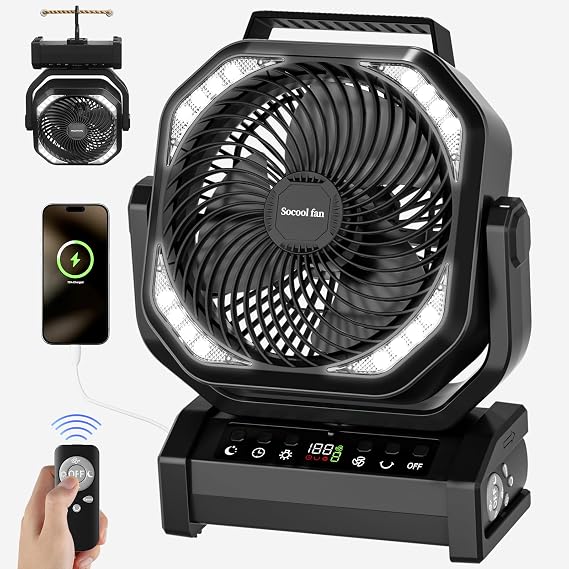 Socool Camping Fan with Light, 20000mAh Rechargeable Battery Fan with Remote, 112Hrs & 8 Speeds, Digital Display, Timer, Auto Oscillation, 270 Pivot & Hook for Outdoor Tent, Hurricane, Power Outage