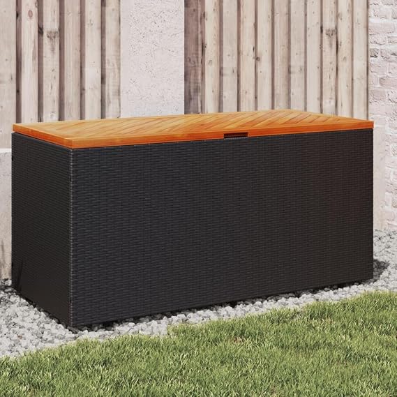 Patio Storage Container for Backyard, Porch, Garden, Patio Storage Box, Outside Deck Box, Garden Storage Box, Black 43.3"x19.7"x21.3" Poly Rattan Acacia Wood,-741