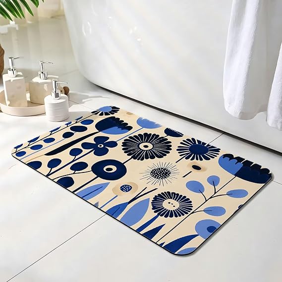 Non Slip Bath Mat Blue, Diatomite Stone Bath Mats for Bathroom 50 x 80 cm, Washable Rug, Super Water Absorption, Diatom Mud Door Mat, Quick-Dry, for Home Kitchen Bathroom Accessories, Flower O-5965