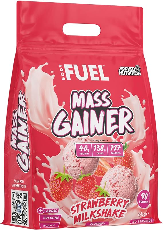 Applied Nutrition BodyFuel Mass Gainer- Weight Gain Protein Powder, High Calorie Weight Gainer, Lean Mass (6kg - 30 Servings) (Strawberry)