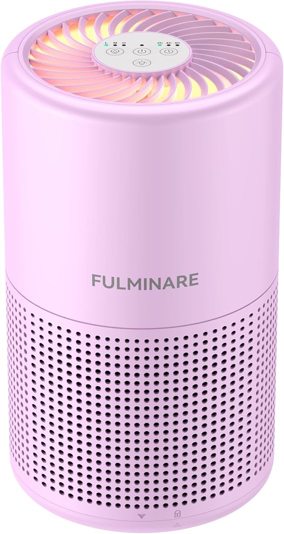 FULMINARE Air Purifiers for Home Bedroom H13 HEPA Air Filter | 360 Intake for Pet Hair, Smoke, Odors , 3 Speeds, Timer, 24dB, Small Mini Air Purifier with Night Light, Purple