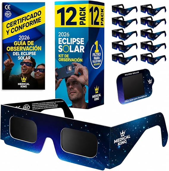 Medical king Solar Eclipse Glasses 12 pk ISO 12312-2 and CE Certified Glasses For Safe View Solar Eclipse 2026 The Eclipse August 12, 2026 With 2 Phone Lenss