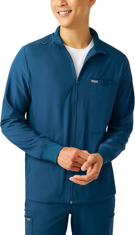 Landau Forward Mens Tailored Fit 3-Pocket Stretch Scrub Jacket with Zip Front and Knit Panels LJ703