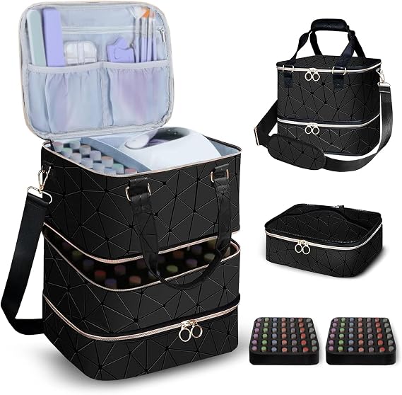 Nail Polish Organizer Holds 84 Bottles (15ml/0.5fl.Oz) + UV Lamp & Manicure Tools, 3-Layer Detachable PU Leather Nail Kit Storage Bag,Large Travel Shoulder Bag for Nail Supplies Black