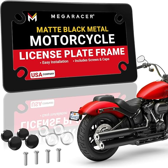 Premium Matte Black Motorcycle License Plate Frame, Thin Metal Tag Holder