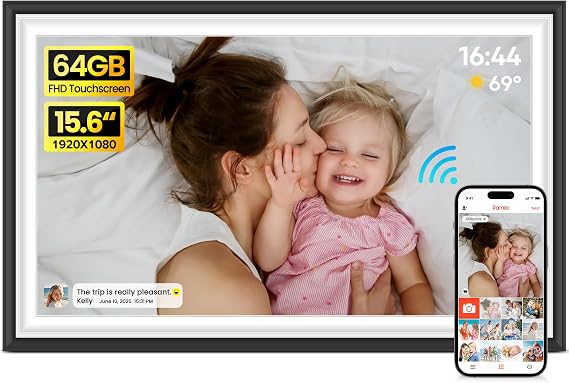 BIGASUO Digital Picture Frame Frameo 15.6" WiFi Electronic Photo Frames Large with 64GB Memory 1920x1080 IPS FHD Touch Screen Share Moments Instantly Anywhere Photo Gifts for Parents and Grandparents