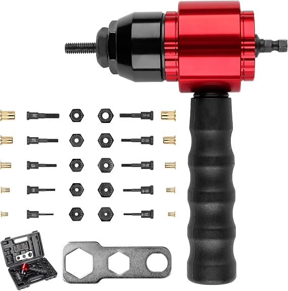 YUZES Rivet Nut Tool Adapter for Cordless Drill Electric with 6 Metric and 5 SAE Mandrels and 50Pcs Assorted Rivet Nuts