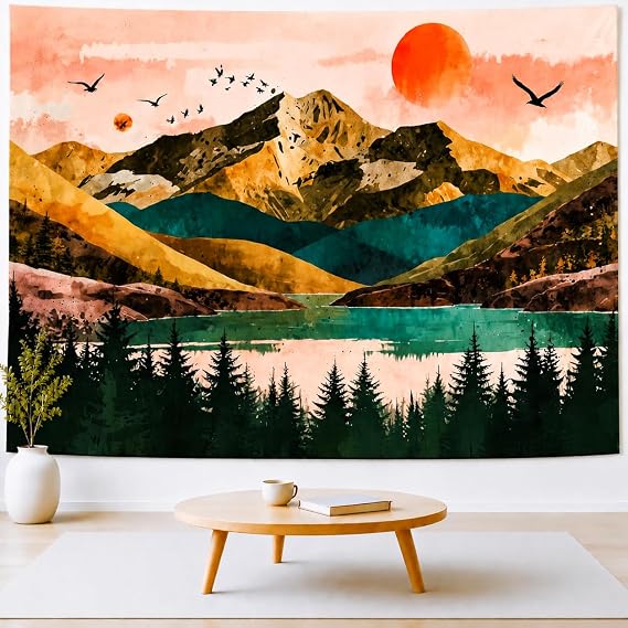 Delur Mountain Tapestry Boho Sunset Nature Forest Tree Tapestry Wall Hanging Sunrise River Lake Landscape Psychedelic Headboard for Bedroom Living Room Home Decor (70.8" x 92.5")