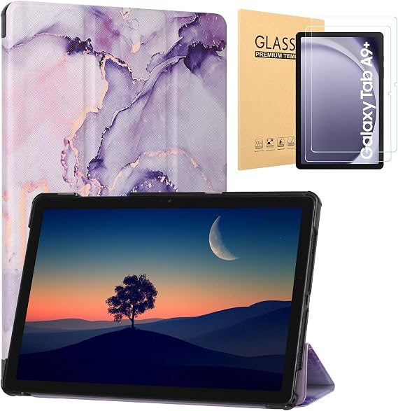 Caweet Samsung Galaxy Tab A9+ / A9 Plus Case and Screen Protector 2-Pack 11 Inch 2023 Released, Lilac Marble