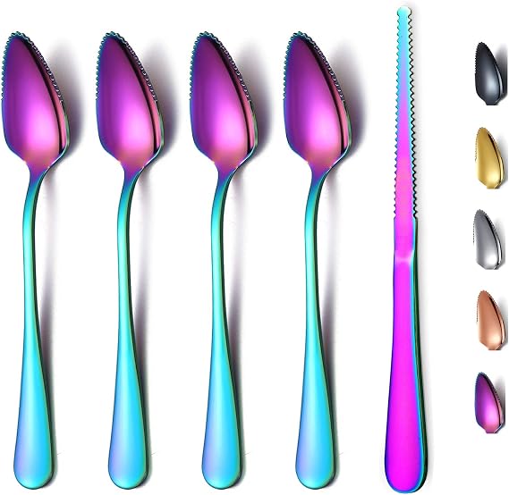 Rainbow Grapefruit Spoons 5 Pieces Set, 4 Stainless Steel Grapefruit Spoon And 1 Grapefruit knife With Titanium Plating, Grapefruit Utensil Set, Serrated Edges Spoon pack of 5 (Rainbow)