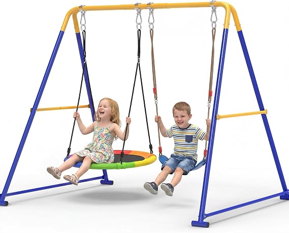 Swing Sets for Backyard, 440lbs Metal A-Frame with Saucer & Belt Swing