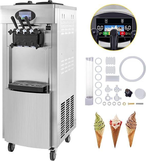 Commercial Soft Ice Cream Machine, 2200W Serve Yogurt Maker, 3 Flavors Ice Cream Maker, 5.3 to 7.4 Gallons per Hour Auto Clean LCD Panel for Restaurants Snack Bars (YKF-8228H with Pre Cooled Panel)