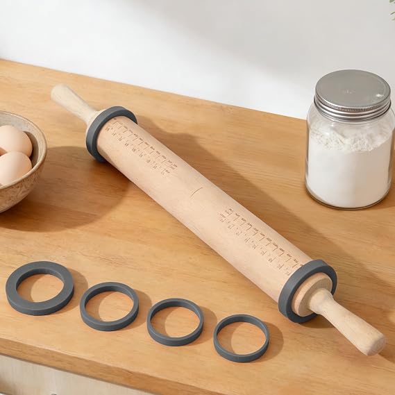 Long Adjustable Wood Rolling Pin: 21.1 Inch Rolling Pin with Thickness Ring | and Measurement - Wooden Dough Roller for Baking Pastry Pizza Pie Crust Tortillas Cookie Bread - Bakers Baking Lovers Toeusog