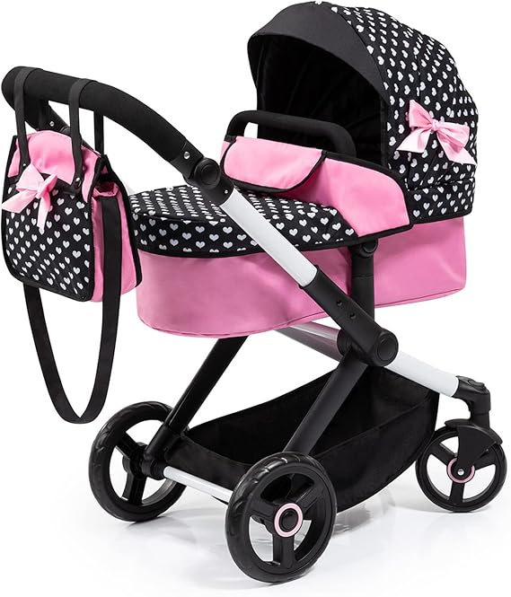 Bayer Pram Xeo Reborn Doll Stroller, Black & Pink Hearts with Matching Handbag, Convertible Jogger, Ages 3+