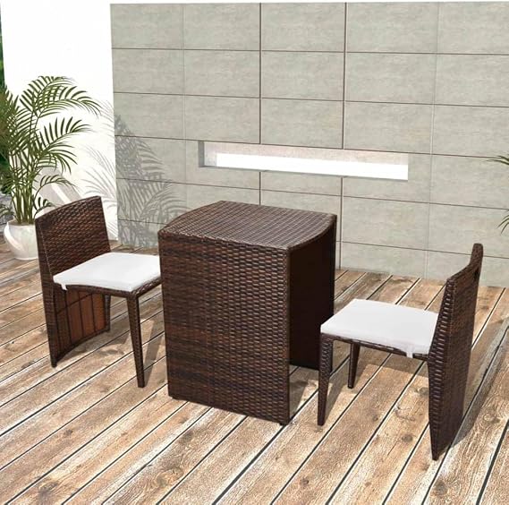 3-Piece Bistro Set with Rectangular Table and Two Cushioned Chairs in Brown and Cream White for Outdoor Dining, Stackable PE Rattan Furniture with Weather-Resistant Cushions