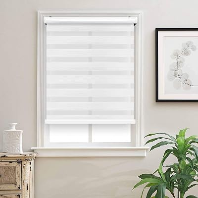 Biltek Cordless Zebra Window Blinds with Modern Design - Roller Shades wDual Layers - Solid & Sheer Shades for TransparencyPrivacy - Great for Home, Office, Kitchen, Bathroom - White, 37 W X 72 H