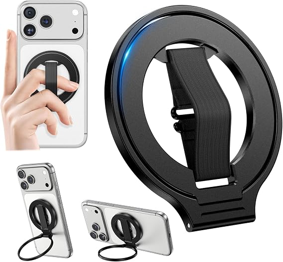 CloudValley Magnetic Phone Grip Holder for MagSafe, Slim Removable [Soft Finger Strap] Ring Stand Kickstand for iPhone 17/16/15/14/13/12 Series Compatible with Mag Car Mounts, Black