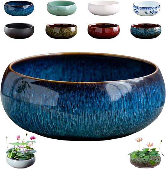 Lotus Bowl Planter, Round Ceramic Lotus Flower Bowl for Water Plants, Glazed Aesthetic Bonsai Planter for Indoor Plants, Unique Home Decor for Water Planting (Blue)
