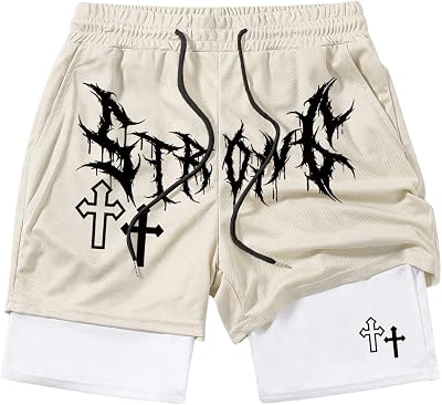 Mens Graphic Shorts with Liner Y2k Cross Print Drawstring 2 in 1 Gym Workout Athetics Track Bottoms Streetwear